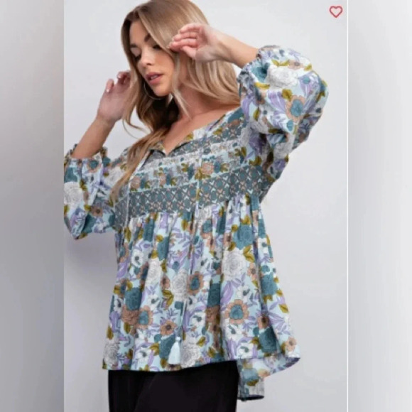 easel Tops - Easel Floral Printed Babydoll Top In Dusty Blue